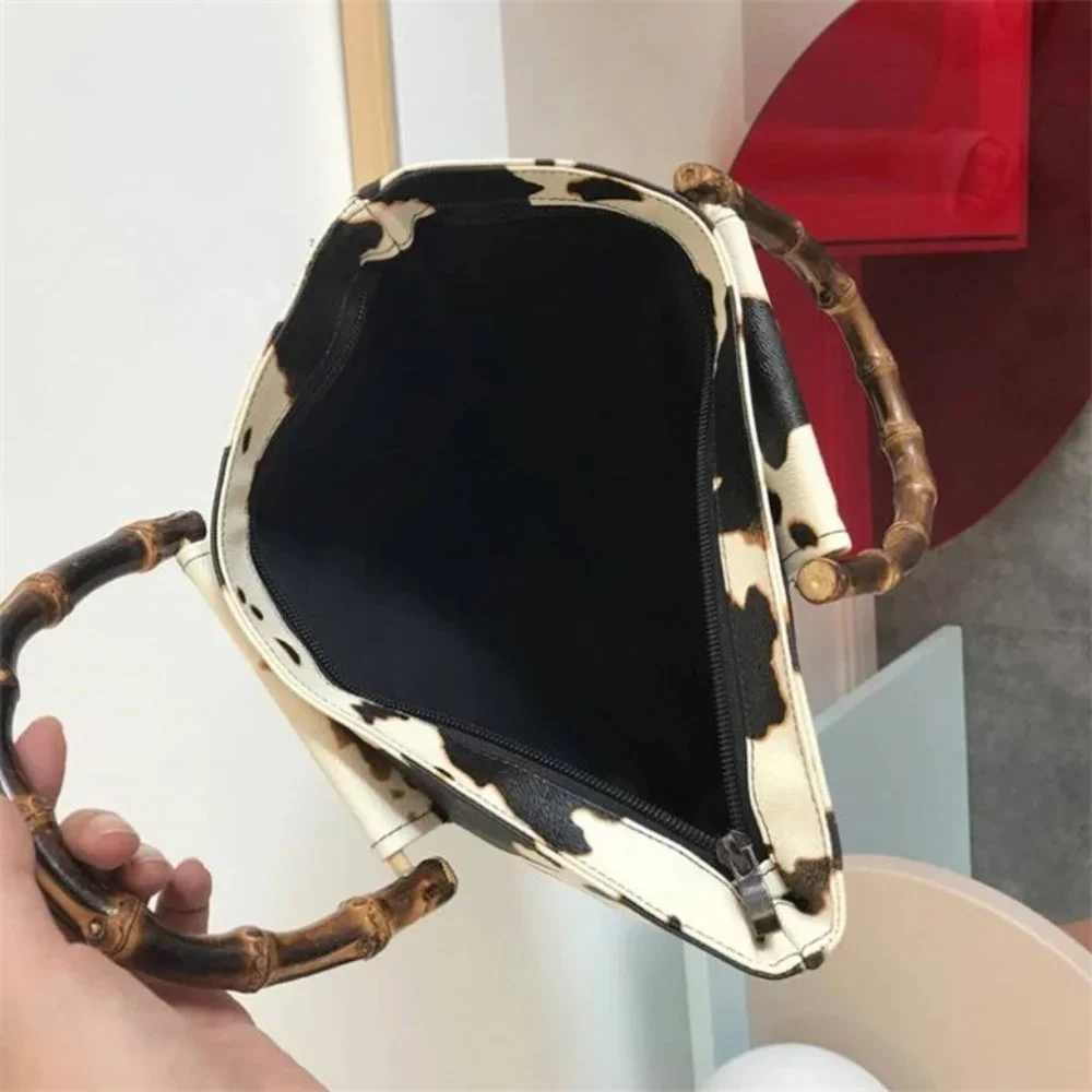 Cow Print Handbag Bamboo Handle Purse Womens Western Collapsible Top Handle Bag